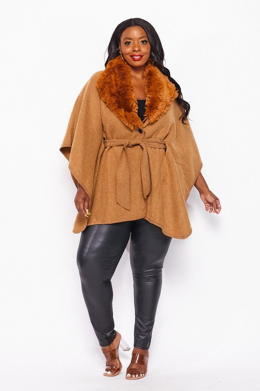 Women's Brown Faux Fur Trim Belted Cardigan Cloak Wrap Shawl Cape