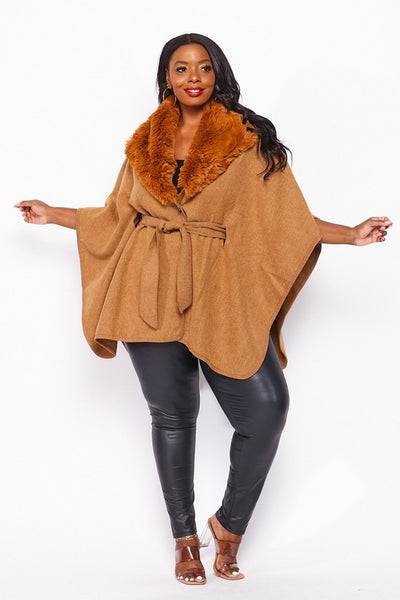 Women's Brown Faux Fur Trim Belted Cardigan Cloak Wrap Shawl Cape