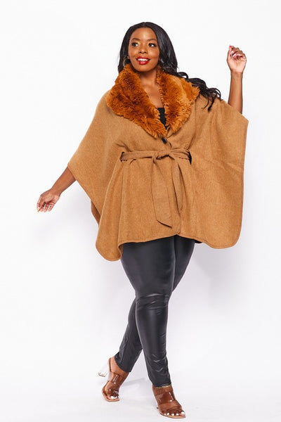 Women's Brown Faux Fur Trim Belted Cardigan Cloak Wrap Shawl Cape